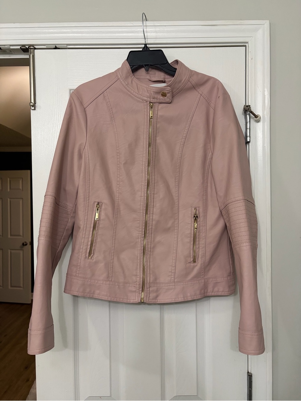 Women’s Blush Pink Faux Leather Moto Jacket with Zip Details